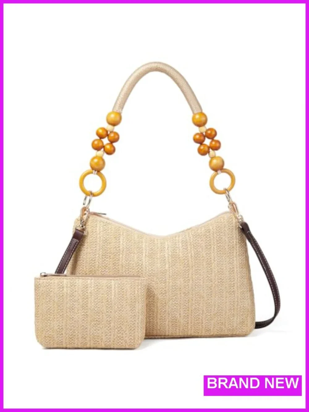 Straw Hobo Shoulder Bag with Detachable Crossbody Strap and Matching Wallet